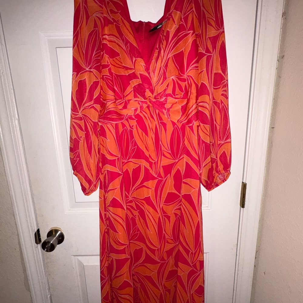 Maison Tara Vibrant Red and Orange Long Sleeve Dress